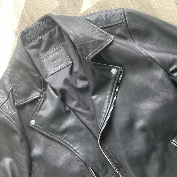 AllSaints  Men’s Brett Leather Double Rider Jacket  Size S Black Moto Motorcycle - Picture 3 of 13